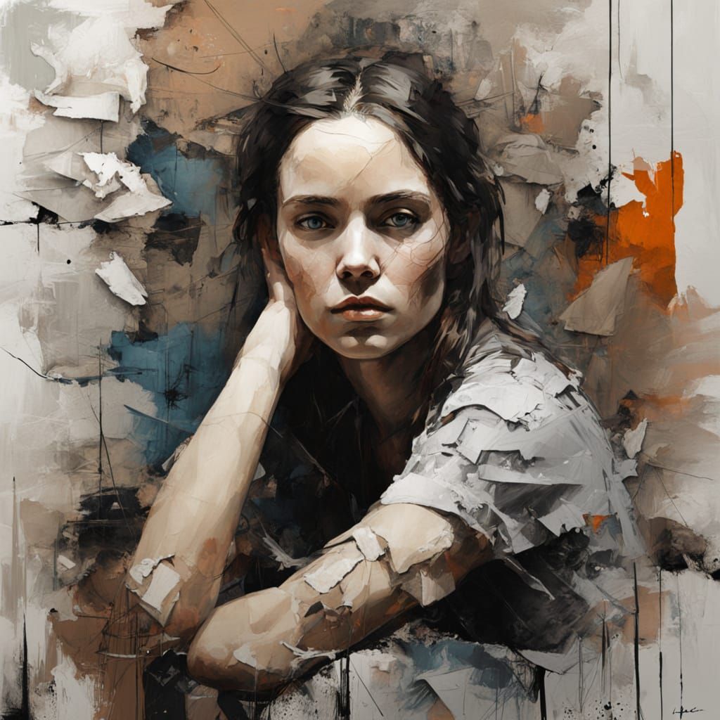 Young Woman's Turbulent Soul in Mixed Media Masterpiece