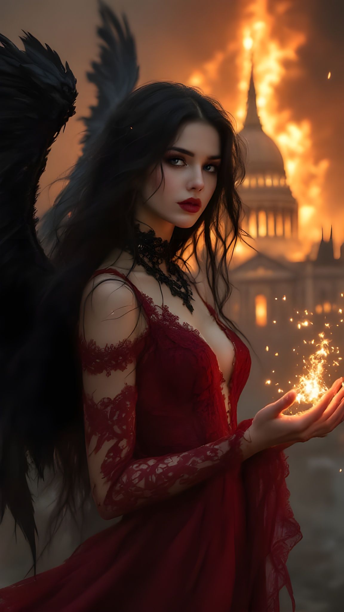 Pre-Raphaelite Woman with Angel Wings Amidst Burning London
