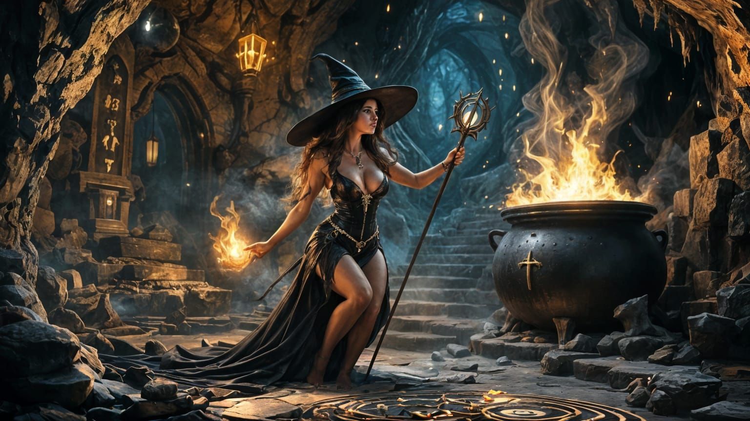 Sorceress Casting Ancient Spells in Dark Cave