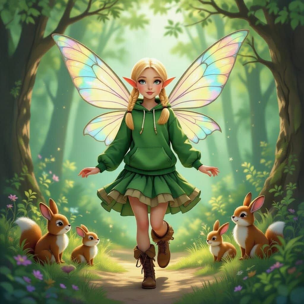 Blonde Earth Fairy with Animals in Forest