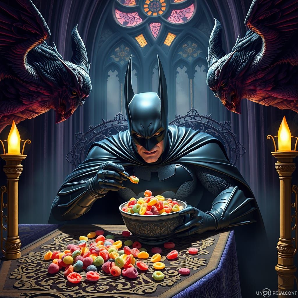 Batman Devours Fruit Loops in Gothic Cathedral