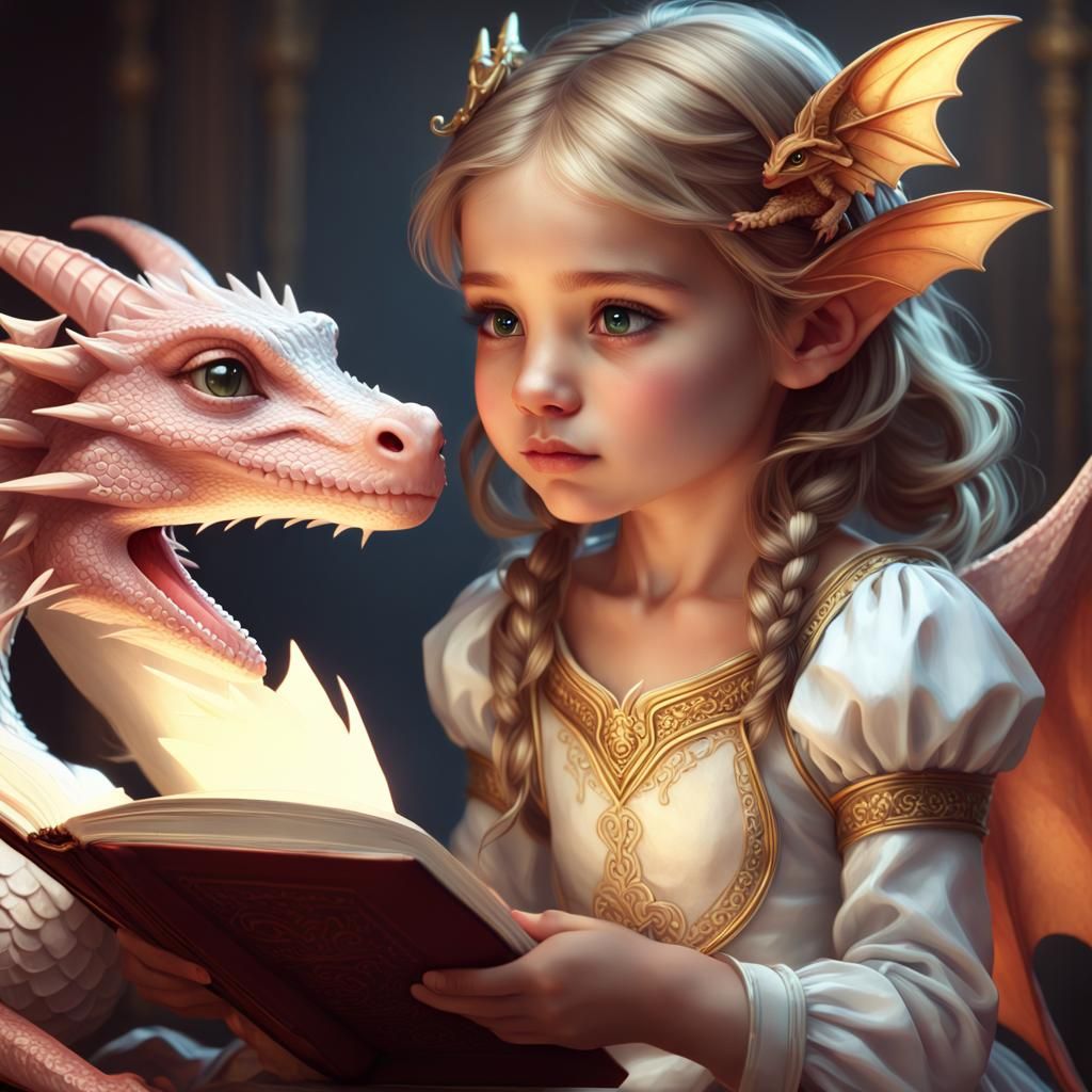 Princess Reads to Dragon: Detailed Fantasy Illustration
