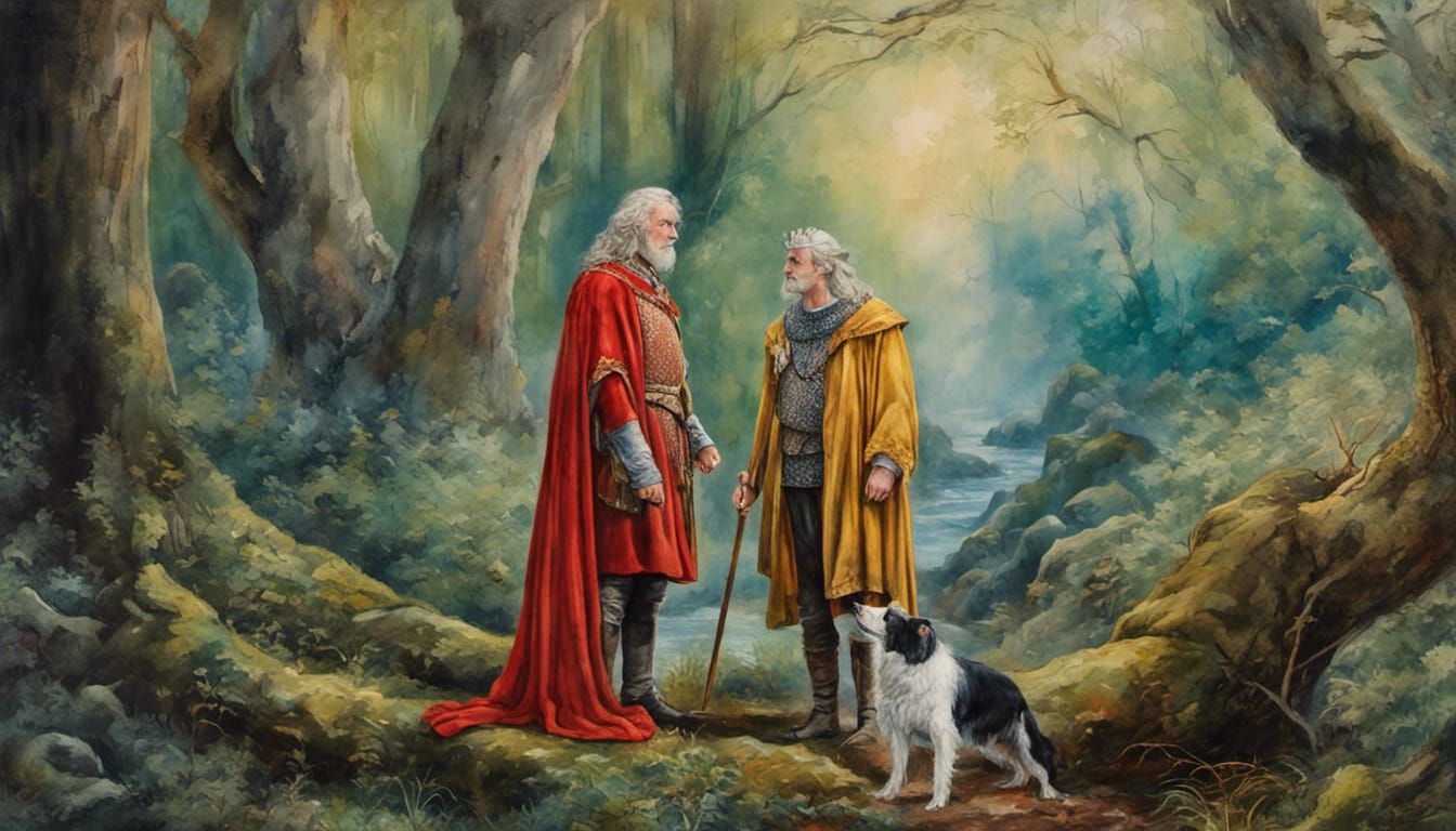 King Arthur and Merlin in Forest, Oil Painting Style