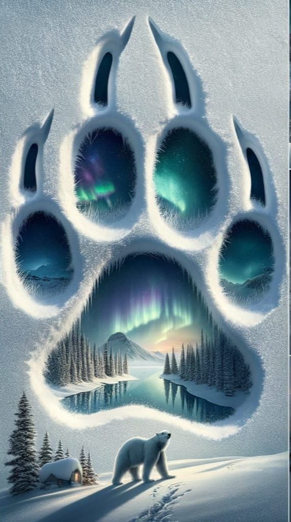 Winter Wonderland Scenes Within a Bear's Paw Print