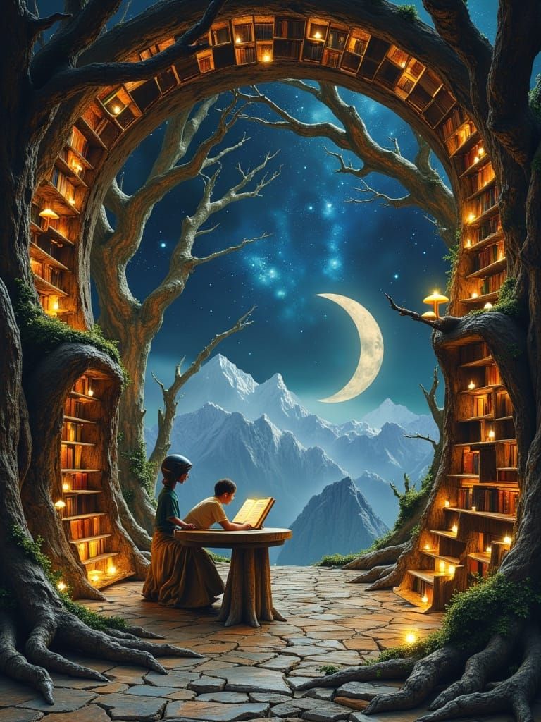 Mystical Forest Library at Night in Matte Painting