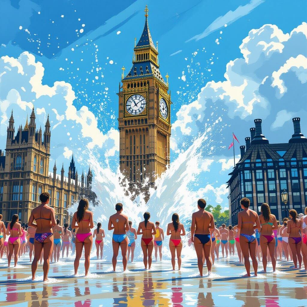 Hyperrealistic People Washing Big Ben in Splash Art Style