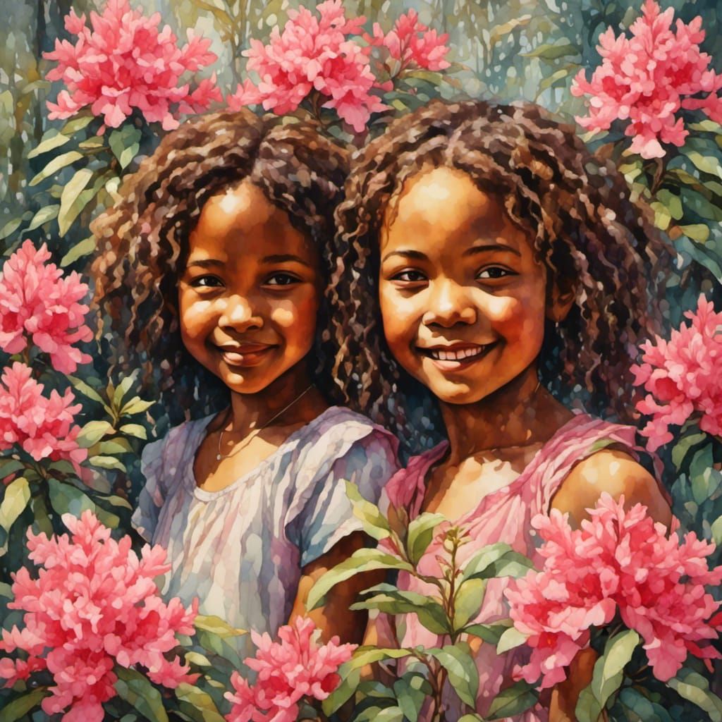 Smiling Children with Rhododendrons in Watercolor Style