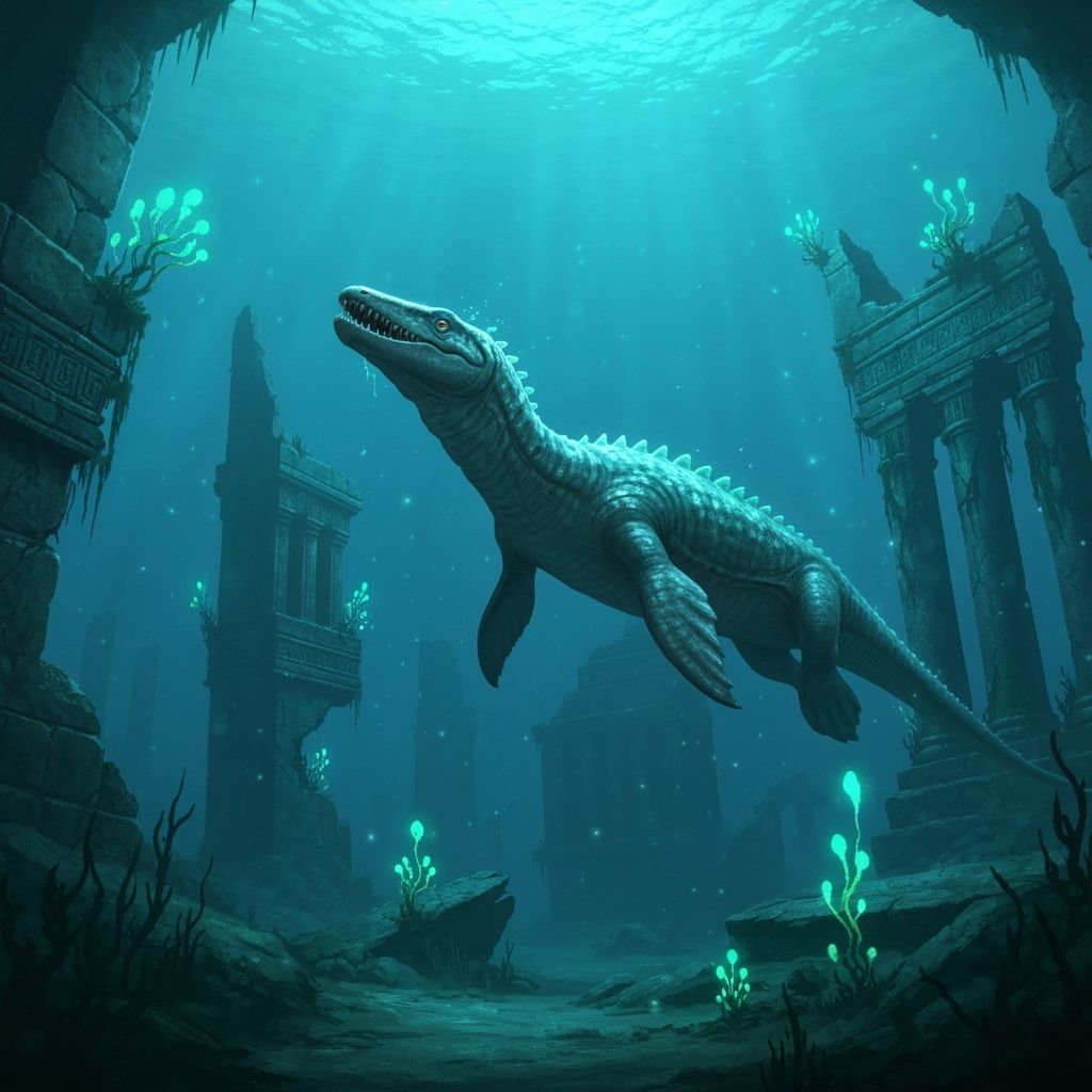 Mosasaurus Explores Sunken City Ruins in Dark Fantasy Style