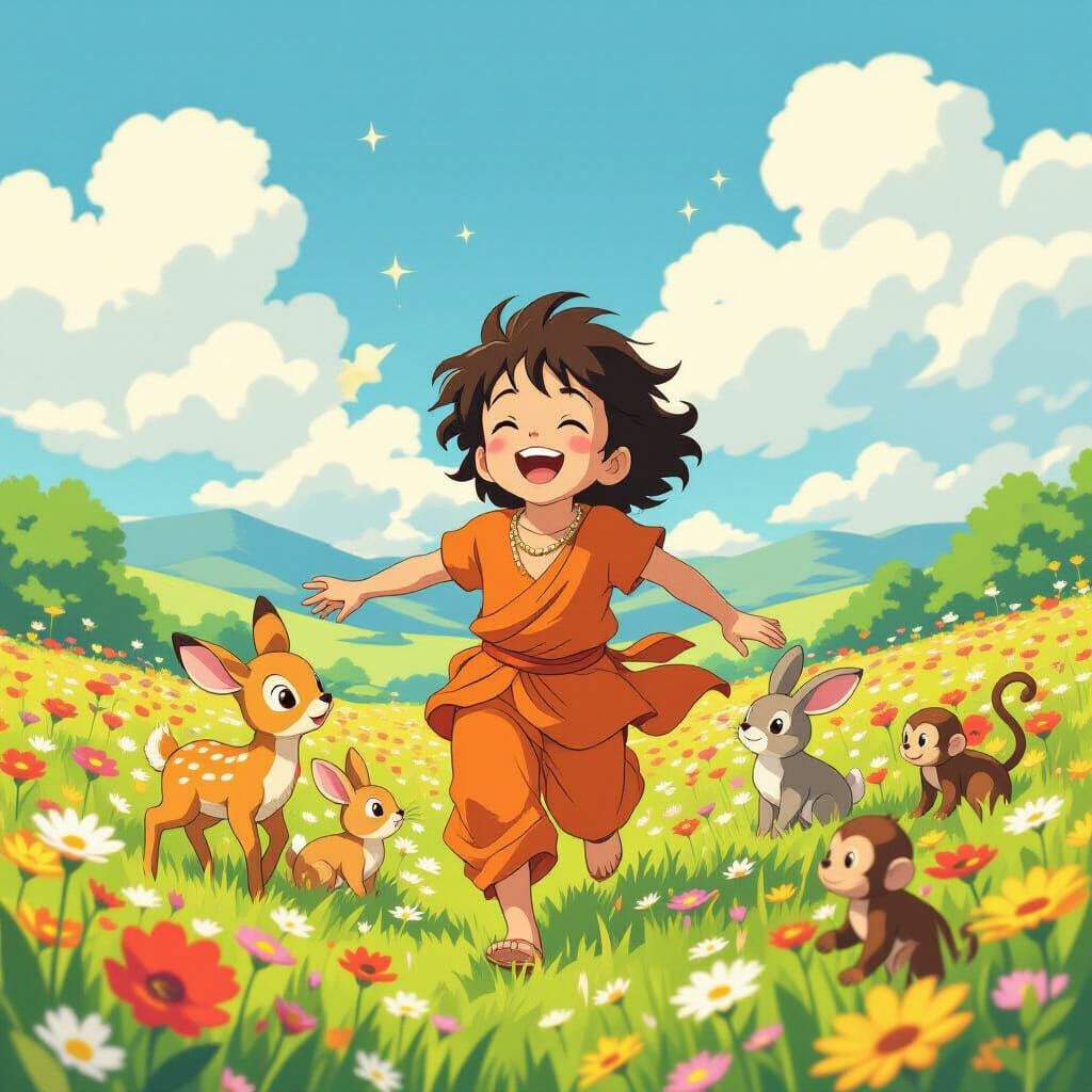 Child Shiva's Joyful Run Through Spring Meadows