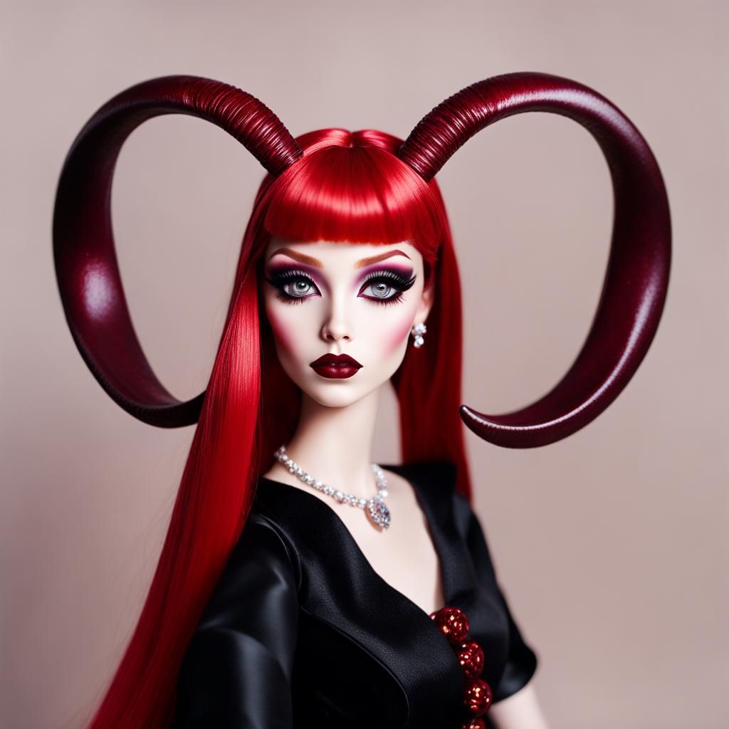 Aries Barbie with long crimson red hair wearing beautiful ram horns on her head& beautiful Amber colored eyes& black eye...