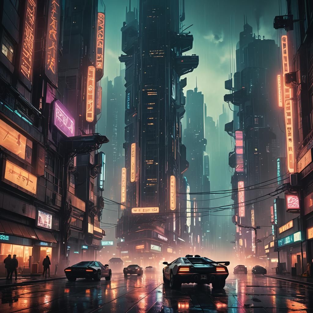 Futuristic Dystopian Cityscape with Flying Cars in Sci-Fi St...