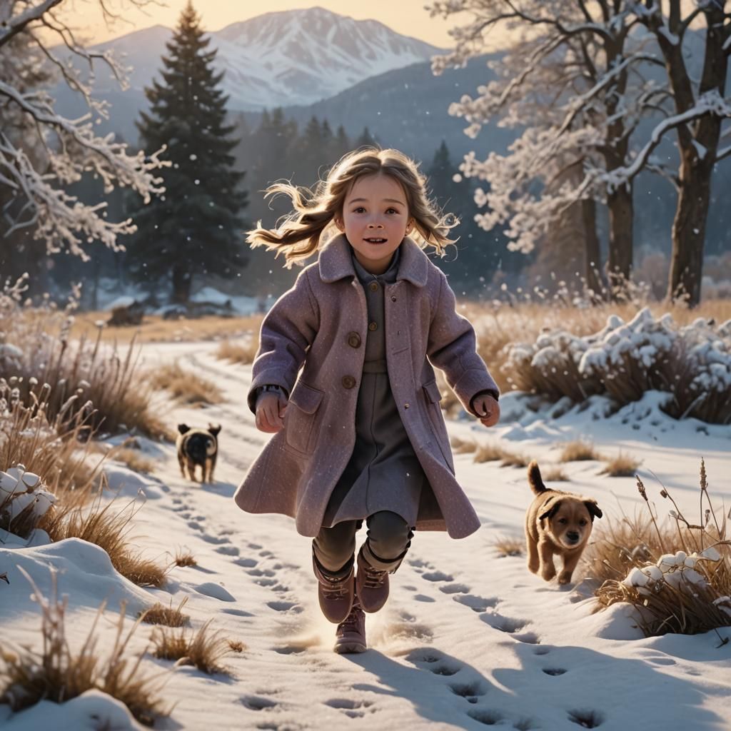 Girl and Puppy in Snowy Field: Digital Matte Painting