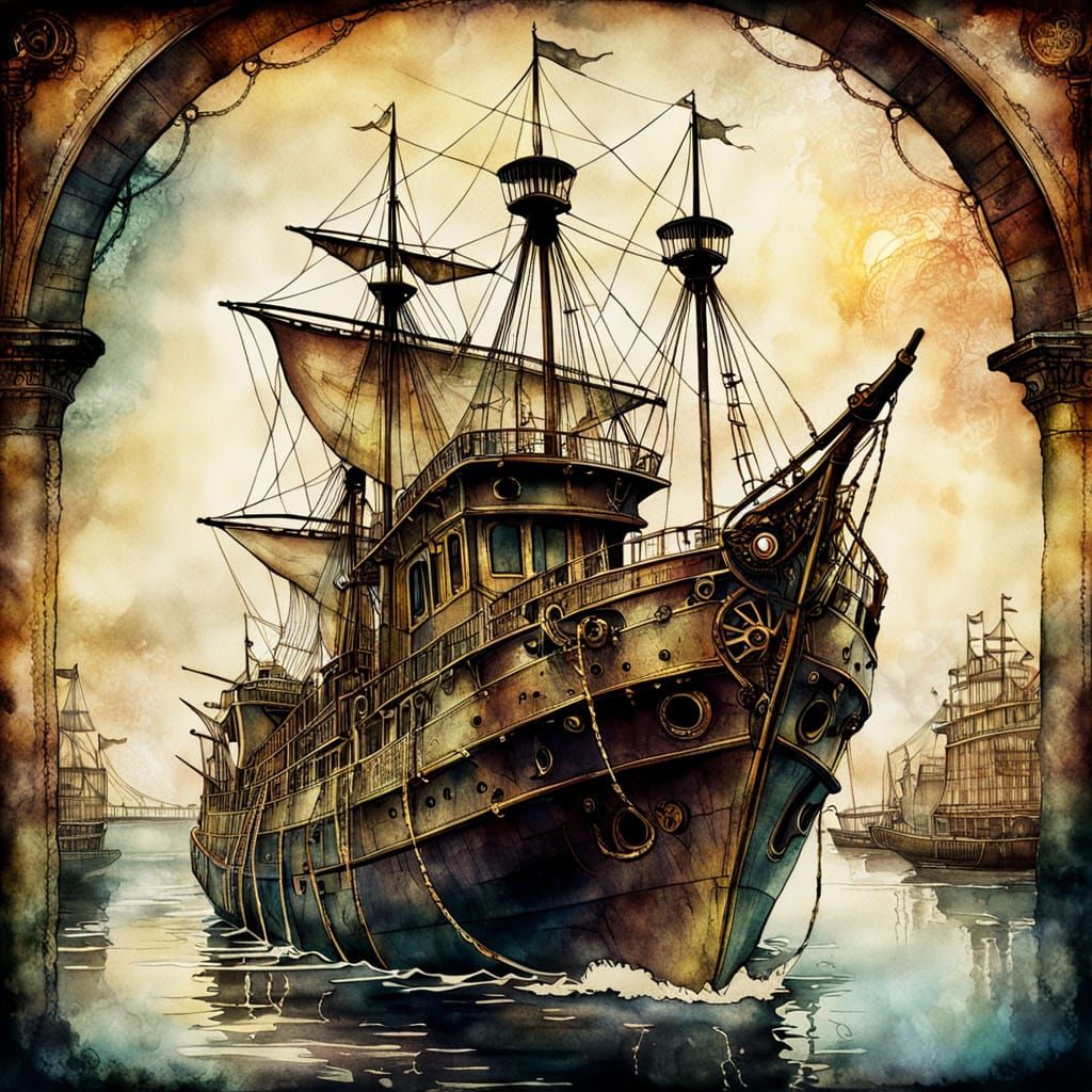 Steampunk Ghost Ship on Cracked Parchment: Watercolor Wash