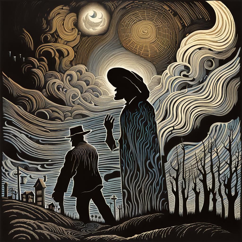 Blues Musician in Decaying Town: Etched Woodcut Print