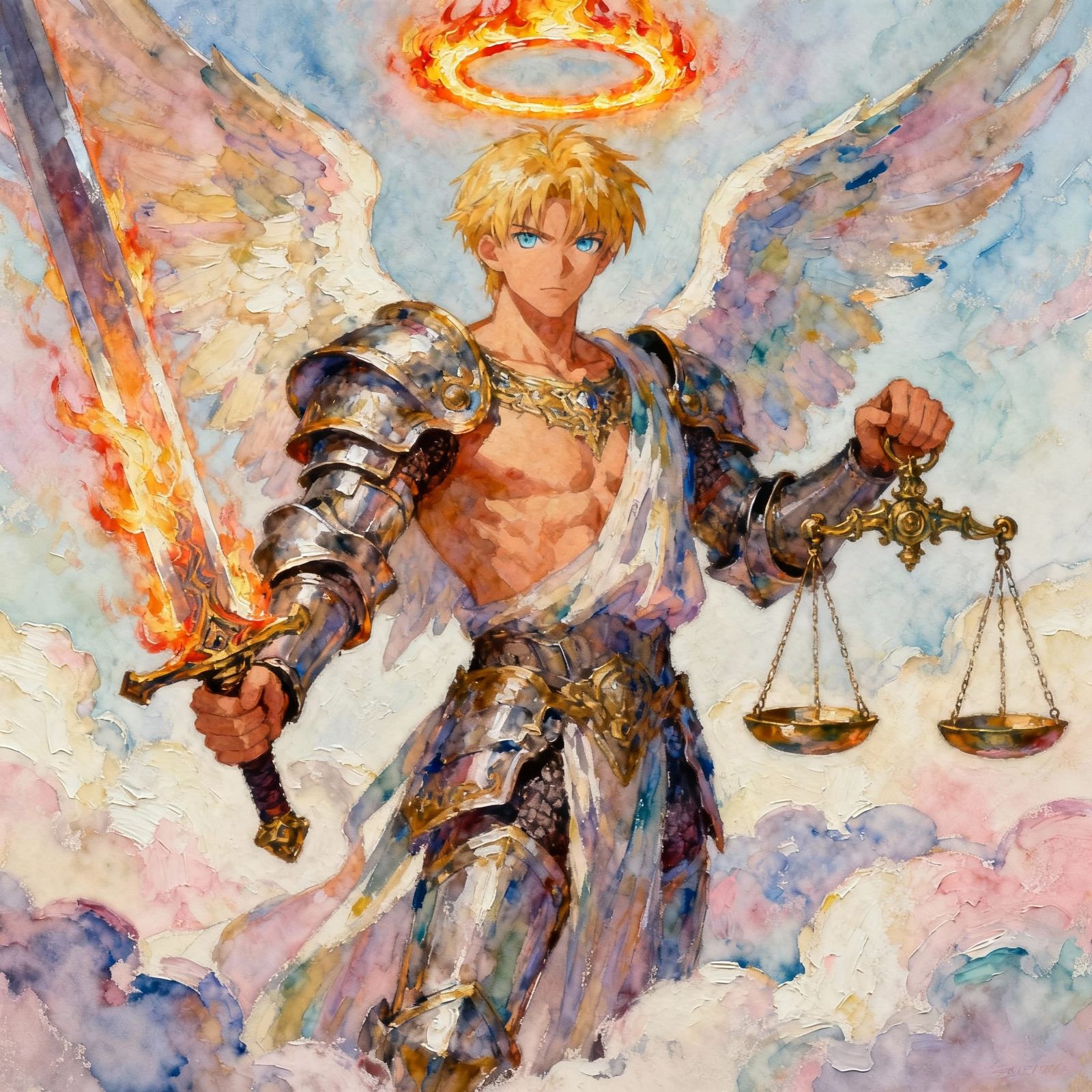 Buff Angel with Fiery Sword and Scales of Justice