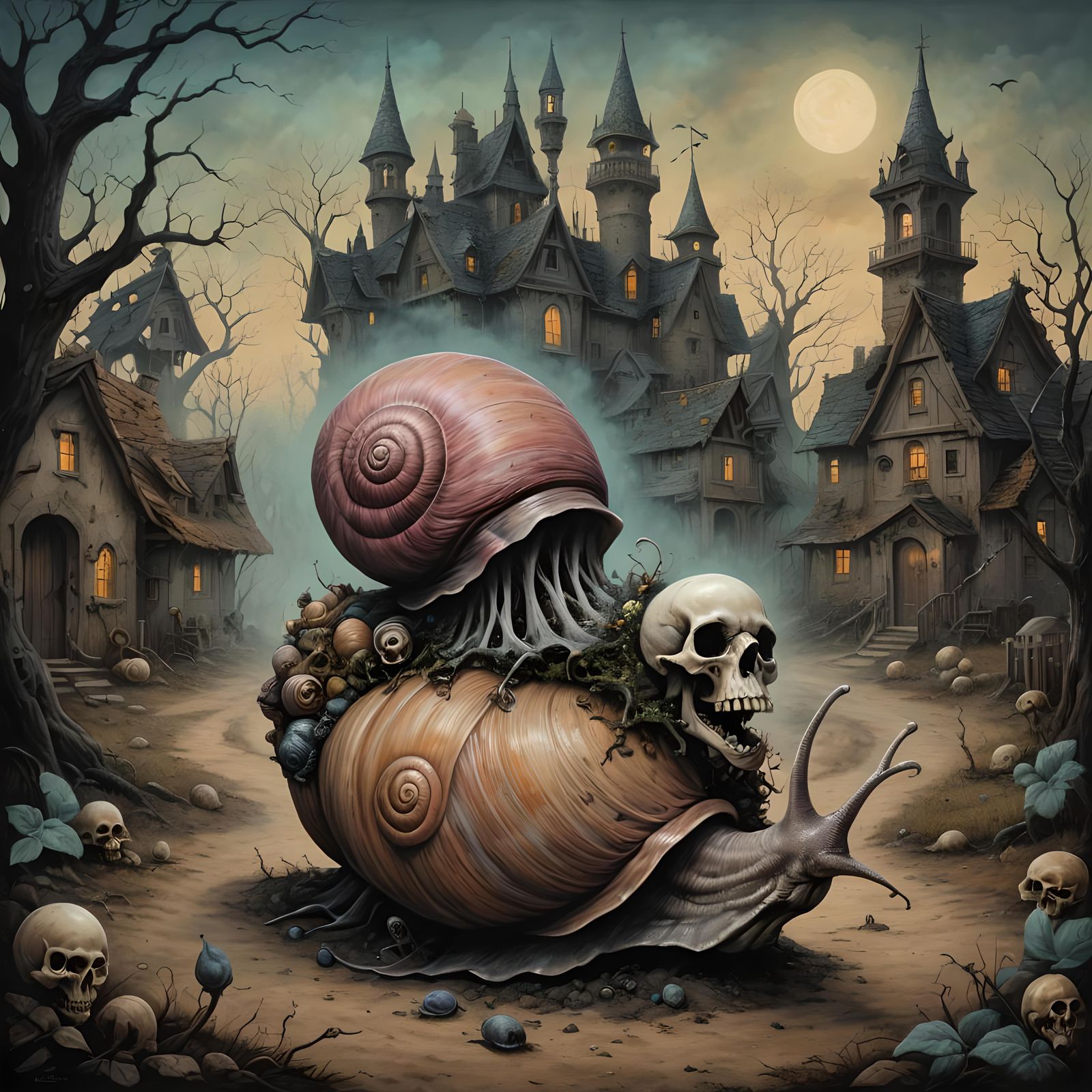 Giant Horror Snail with Skull Shell in Pastel Gothic Style