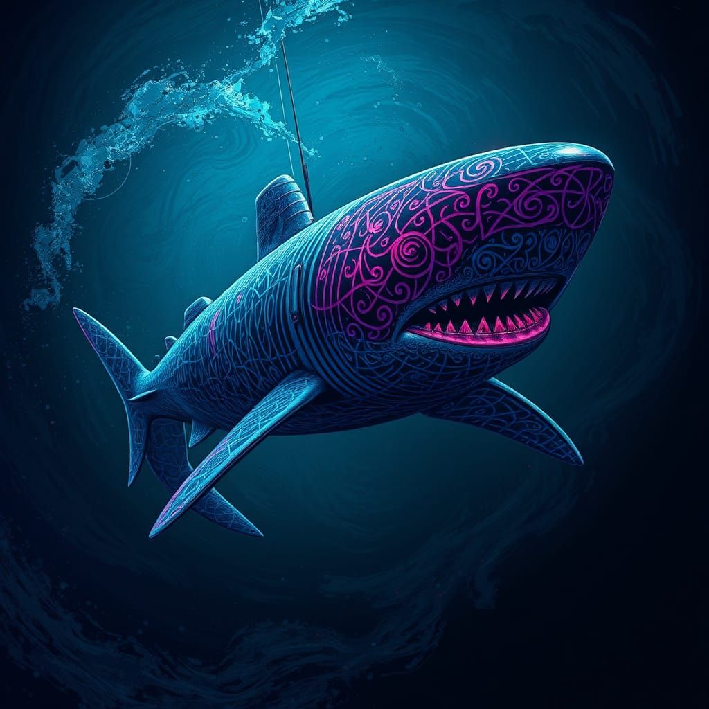 Psychedelic Submarine Shark in Deep Ocean Darkness