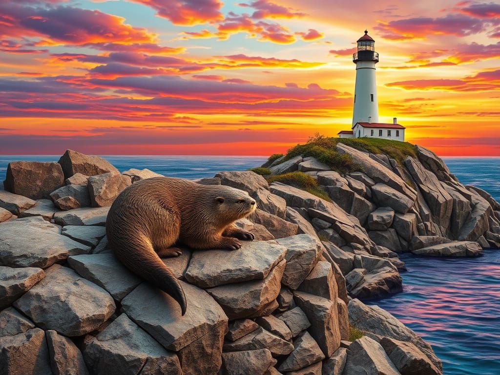 Otter and Lighthouse at Sunset in 3D Collage Style