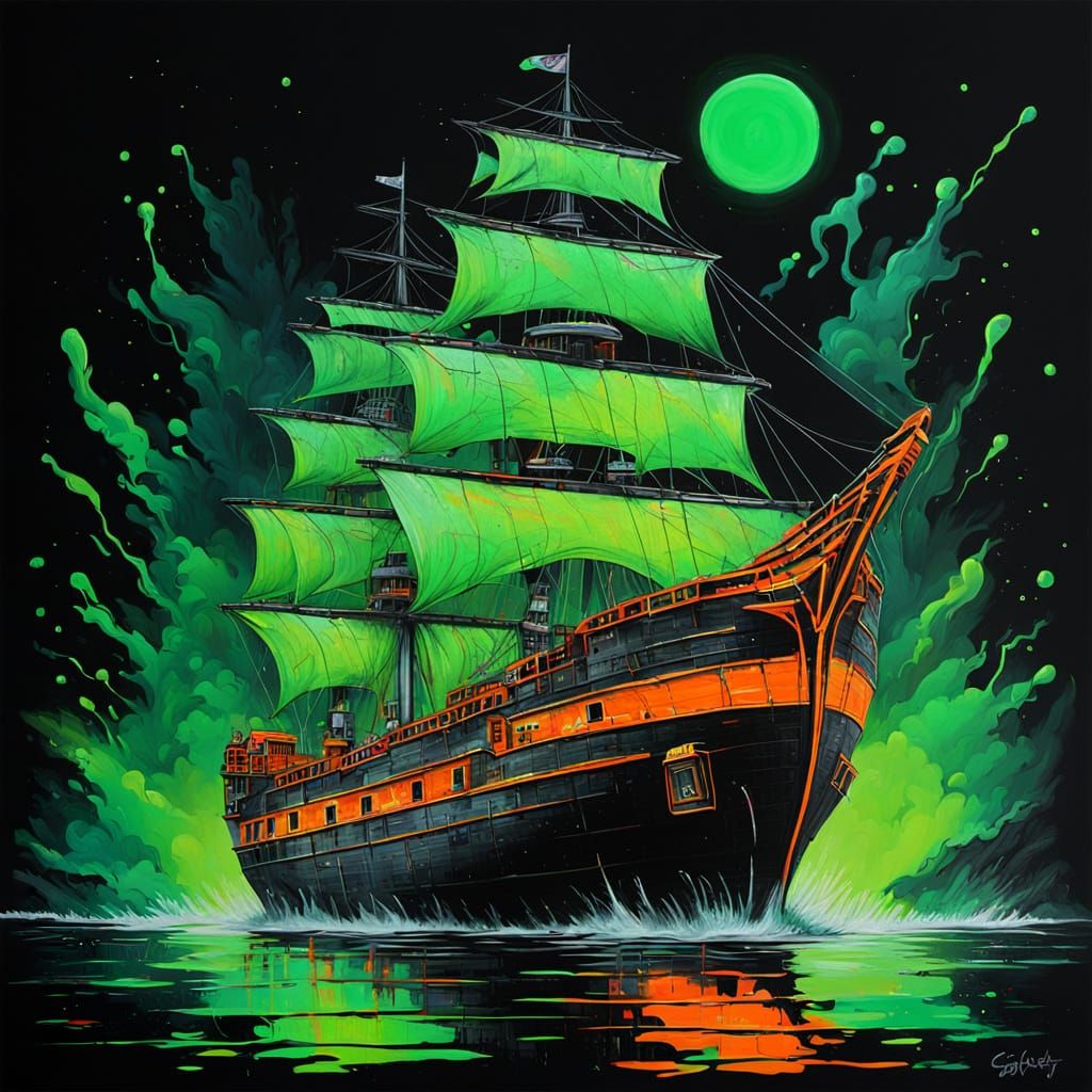Neon Ghost Ship Graffiti Art on Black Background
