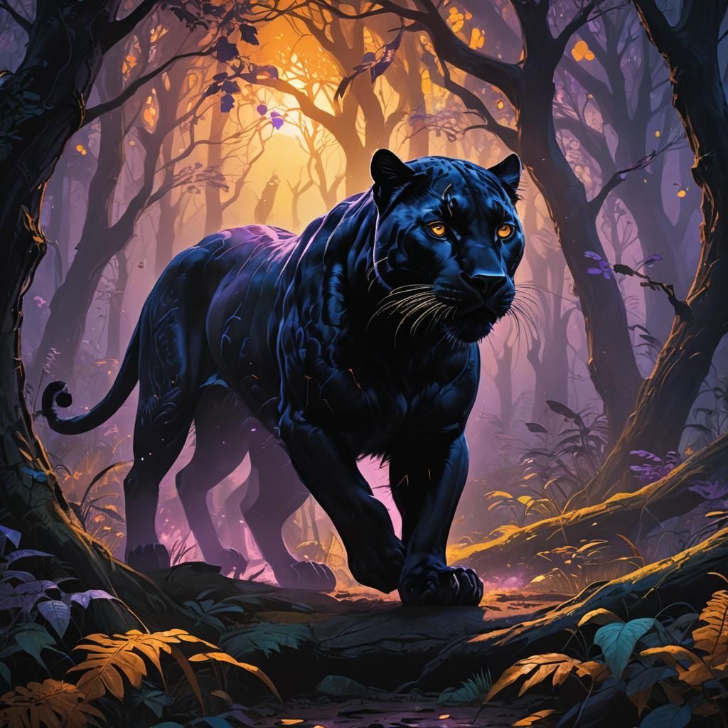 Mystical Black Panther in Ethereal Forest Concept Art