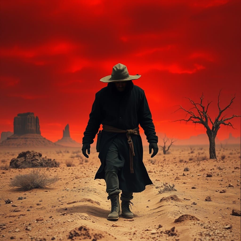 Mysterious Wanderer in a Gritty, Desert Landscape