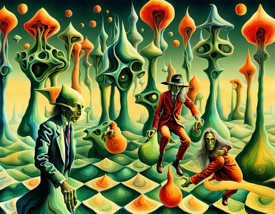 Two yellow elves with lapiz lazuli psilocybe clock heads, Mescaline and DMT art, Hyeronimus BOSCH, H.R. GIGER, M.C. ESCH...