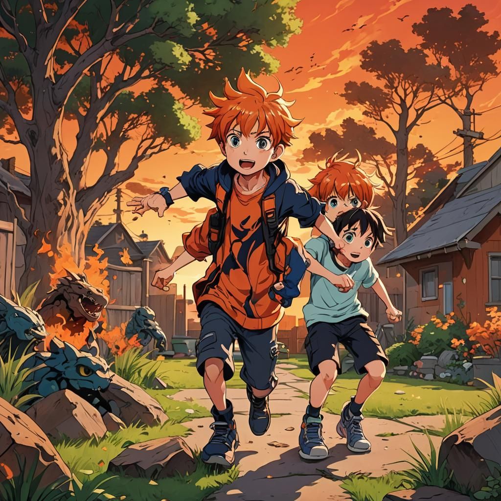 Brothers Playing in Backyard, Vibrant Anime Style