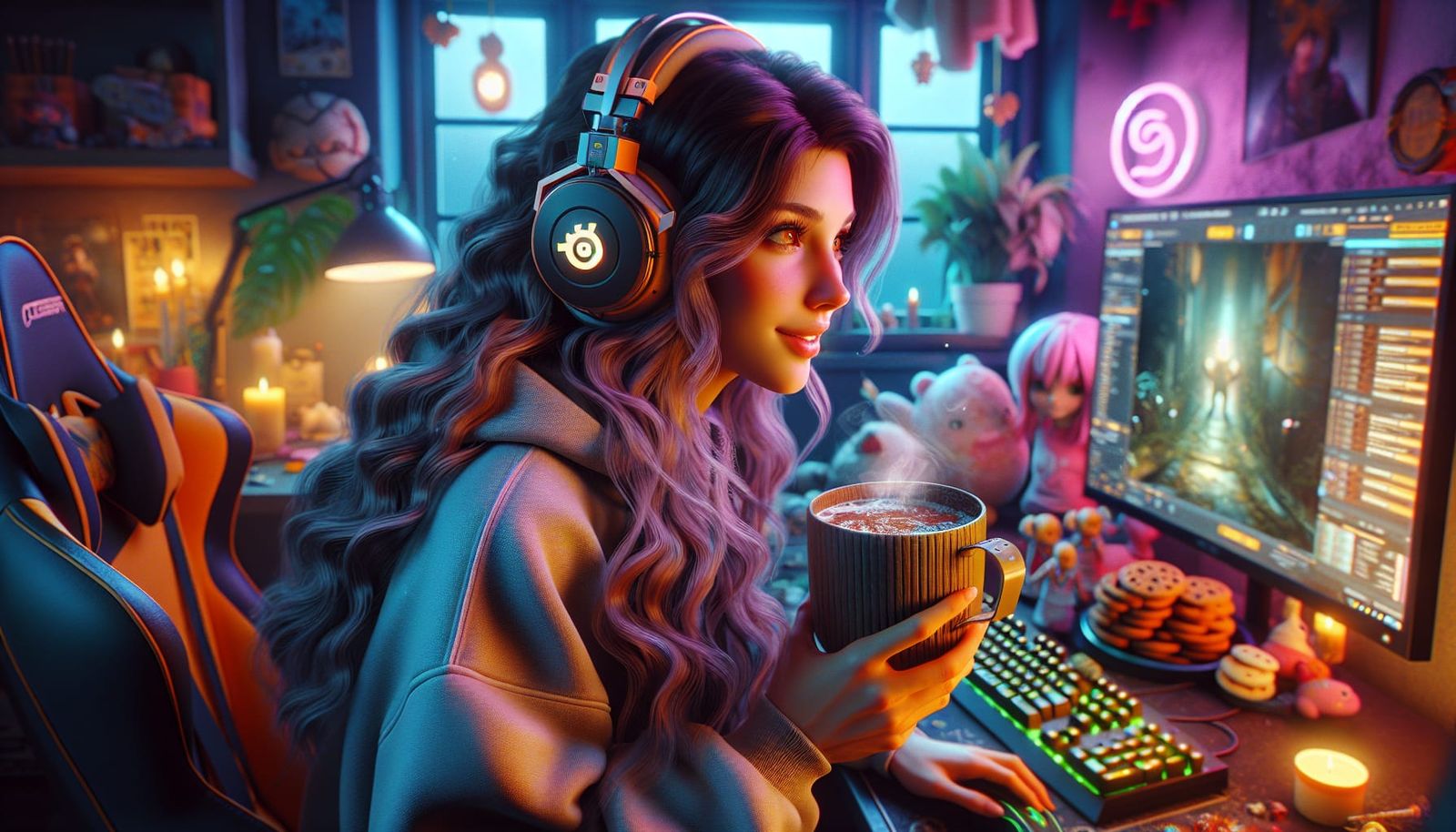Joyful Gamer in Neon-lit Room at Night