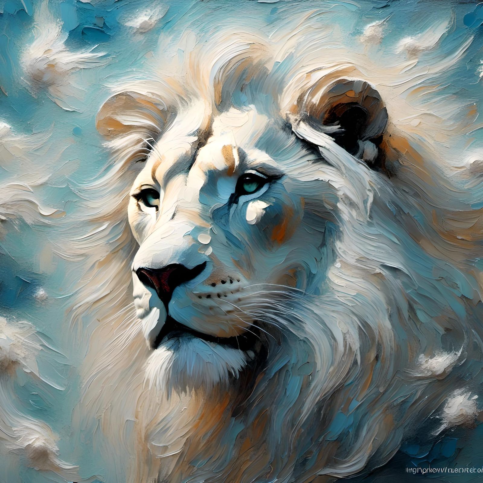 Winged Lion Soaring in Starry Sky, Impasto Art