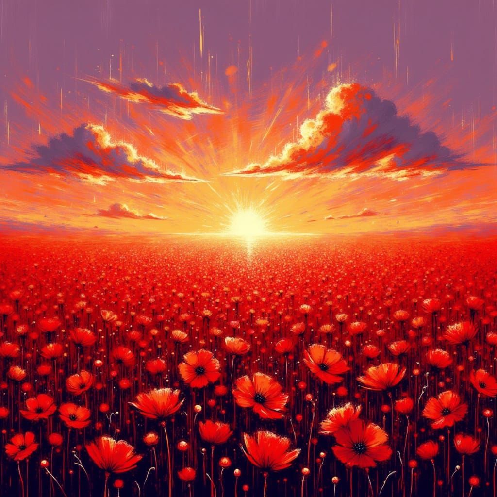 Vast Poppy Field at Sunset in Impressionist Style