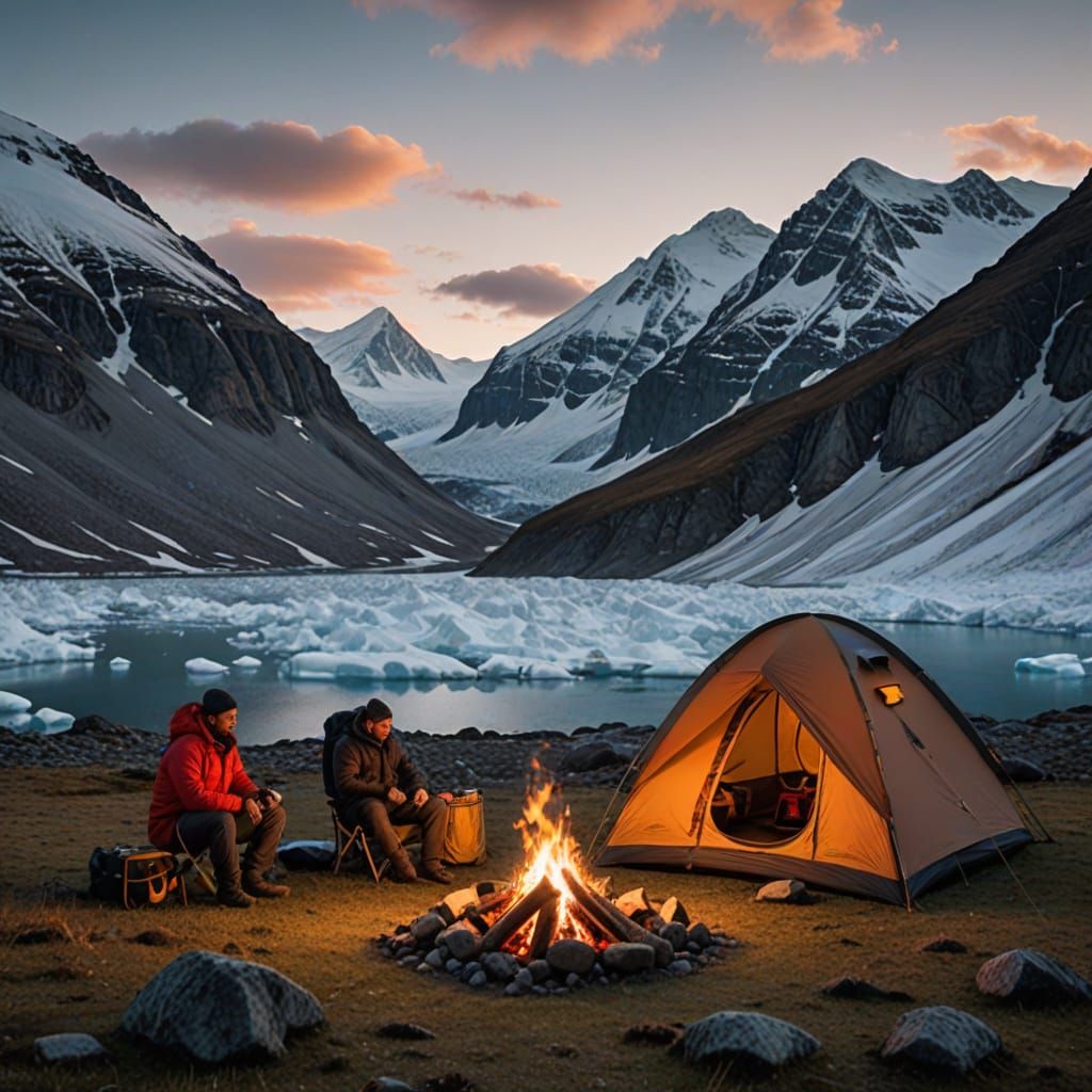 Serene Arctic Campsite with Majestic Snow-Capped Mountains