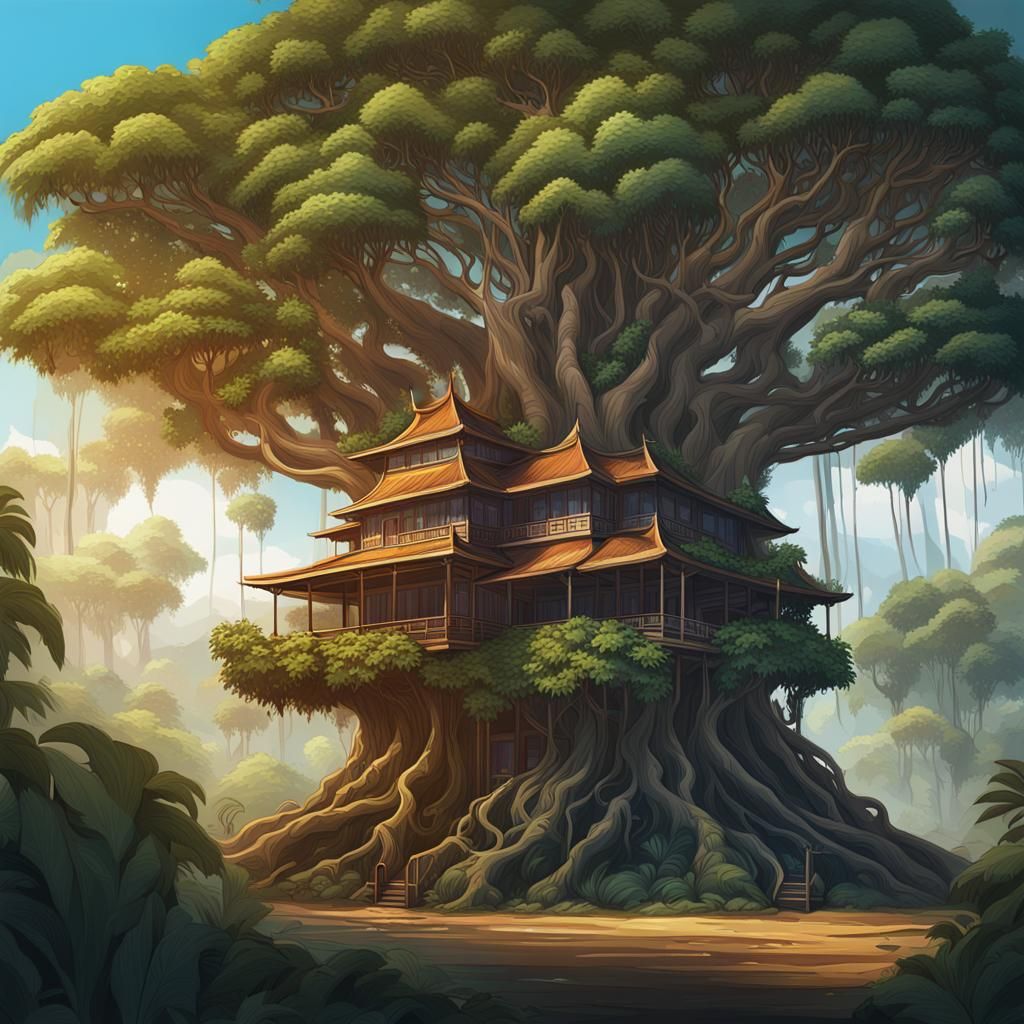 Indonesian House on Giant Banyan Tree in Splash Art