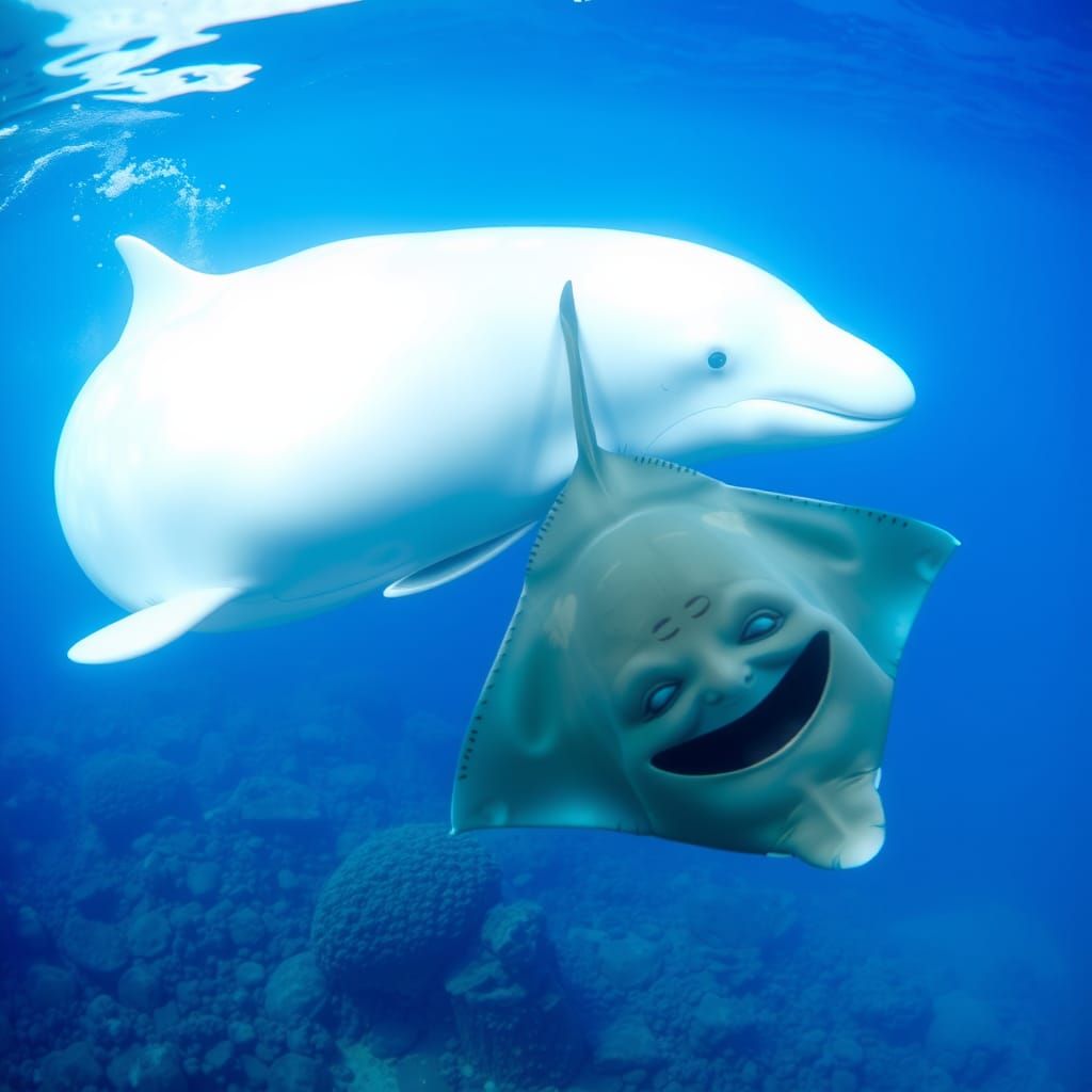 Beluga and Stingray Friends in Ocean, 4K Photo