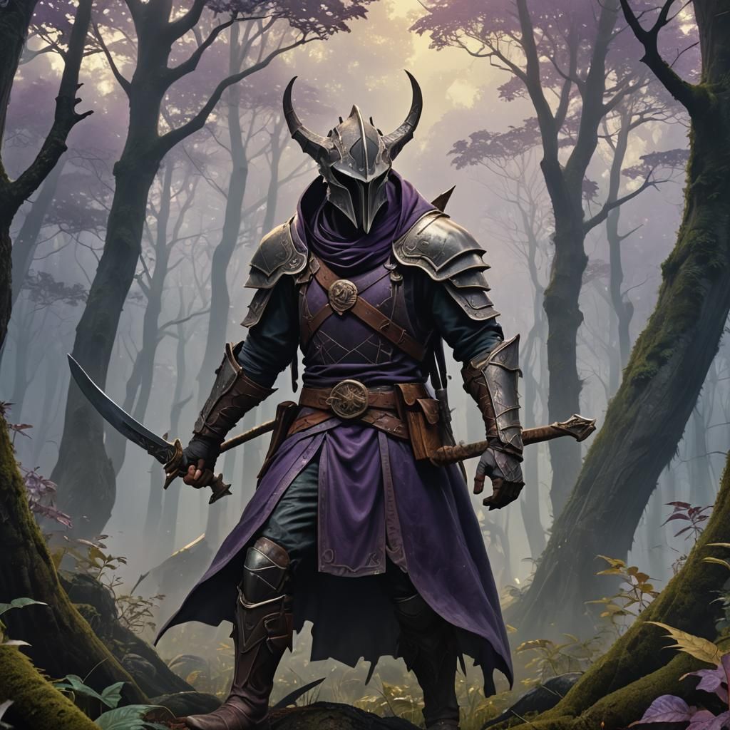 Hammerhead Warrior in Misty Forest, Fantasy Art
