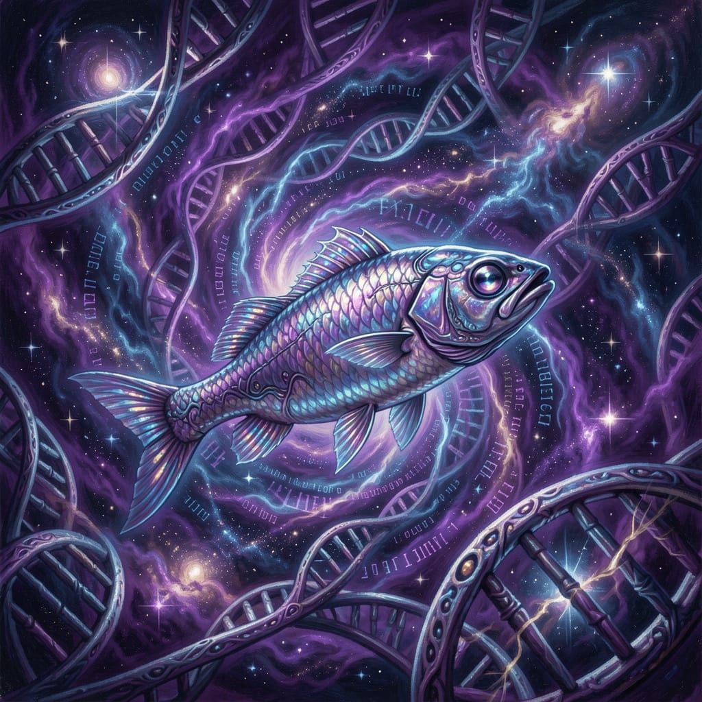 Bioluminescent Alien Fish in Cosmic Nebula