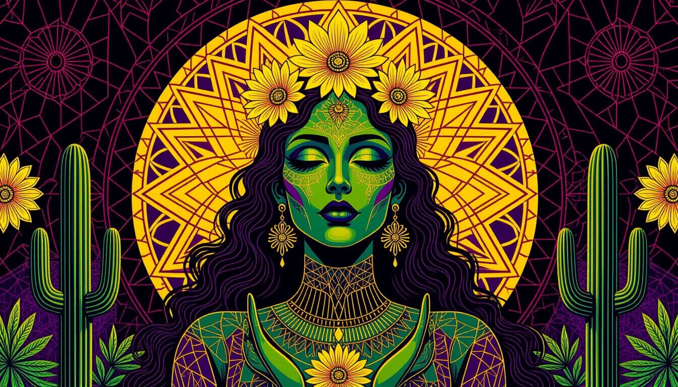 Cactus Goddess in Cubist Psychedelic Dreamscape