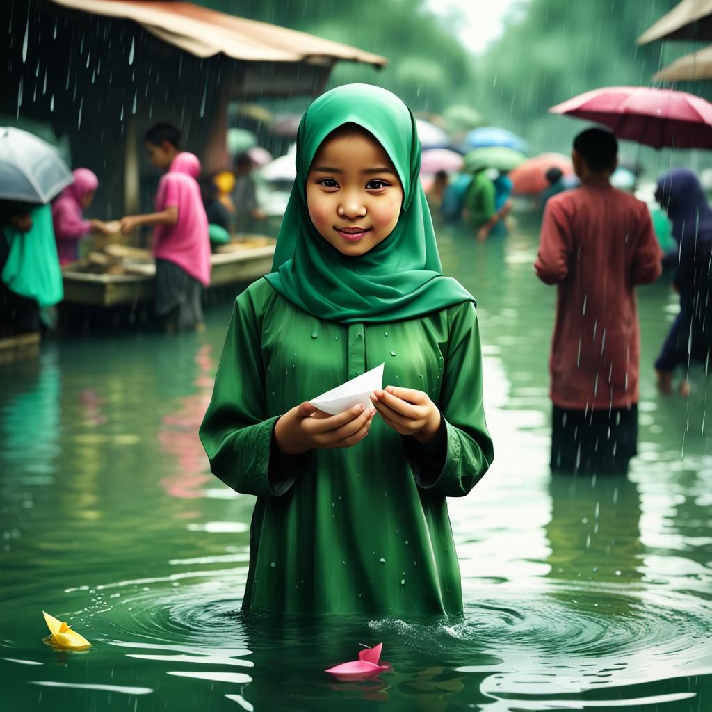 Girl in Hijab Plays with Paper Boat