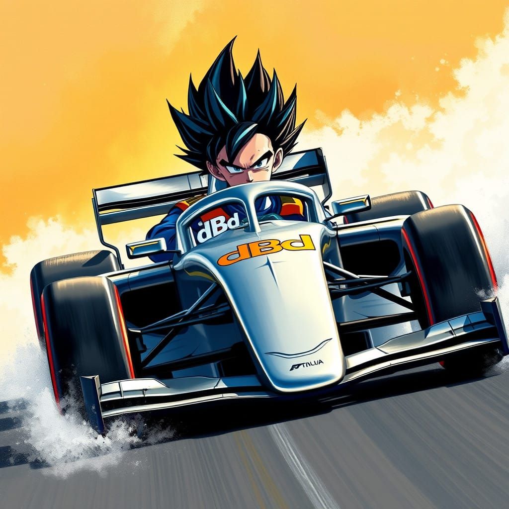 Sleek Formula 1 Cyberpunk Car with Super Saiyan Goku