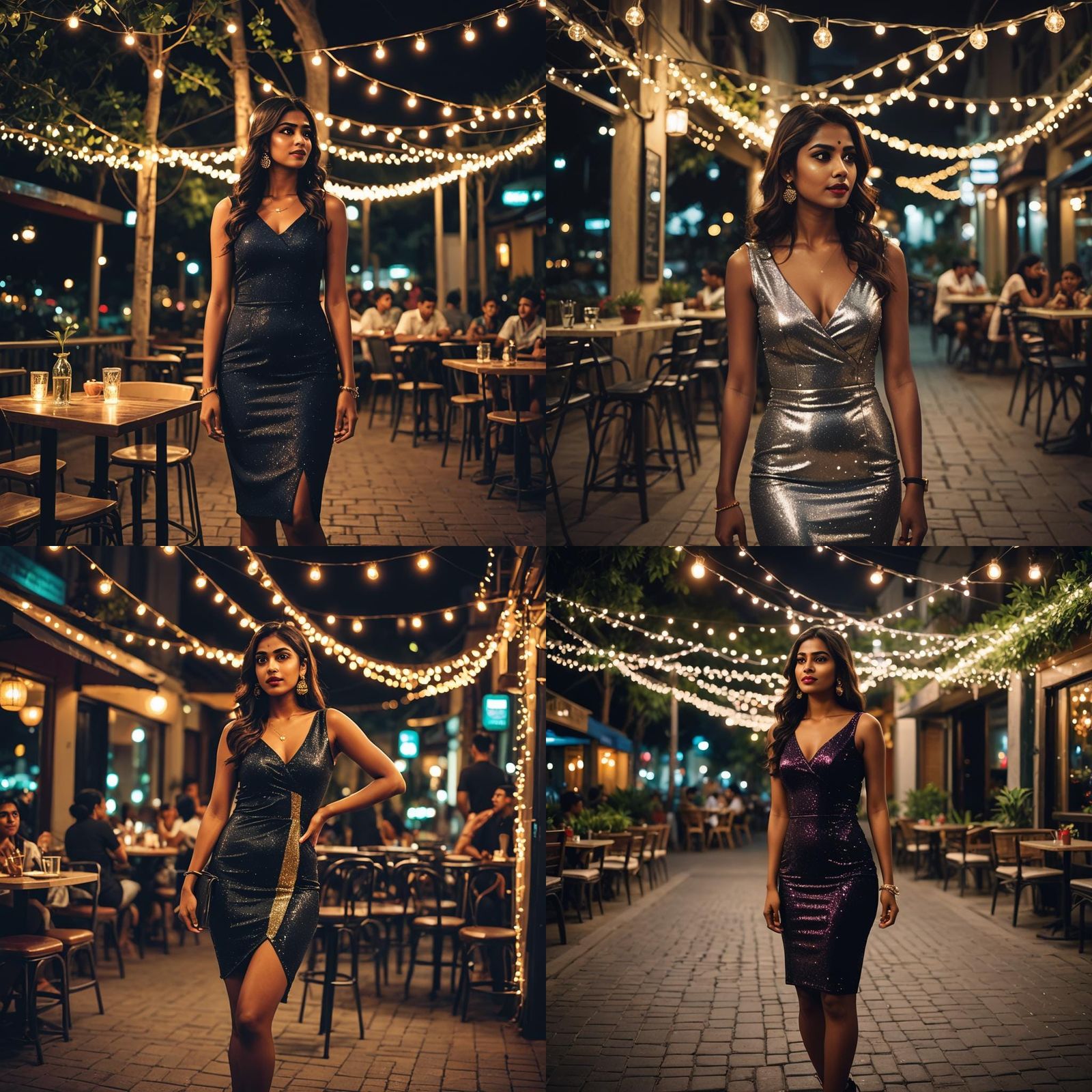 Desi Woman in Cafe at Night with Fairy Lights