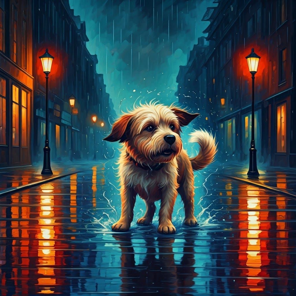 Dog's Joyful Dance in Rainy City: Fauvist Impression