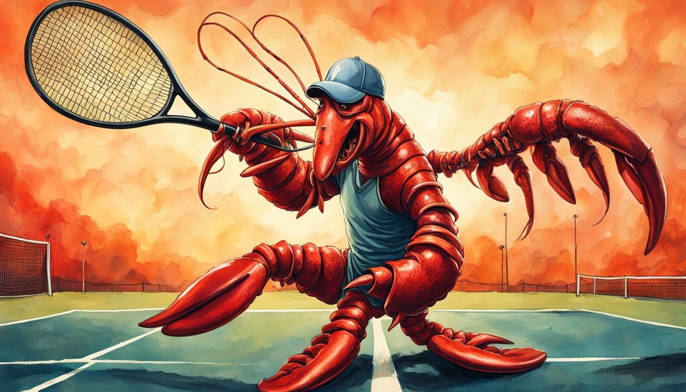 Anthropomorphic Lobster Plays Tennis: Digital Illustration
