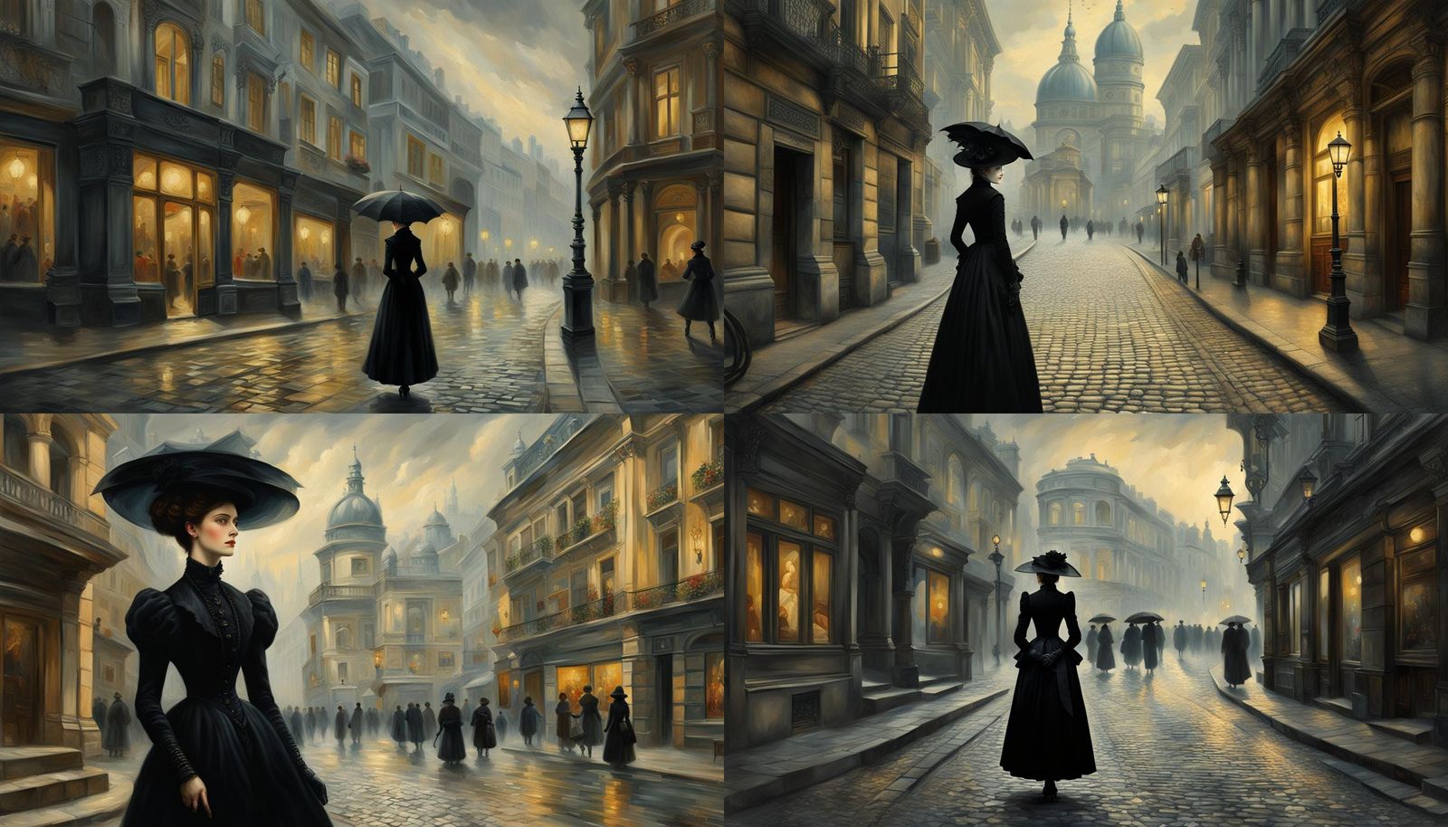 Mysterious lady in black, in streets of Bucharest, 19th century, Thomas Kinkade baroque bauhaus Heidelberg school fracta...