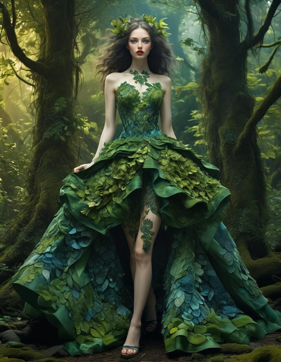Emerald Woman in Forest, Surreal Fantasy Art