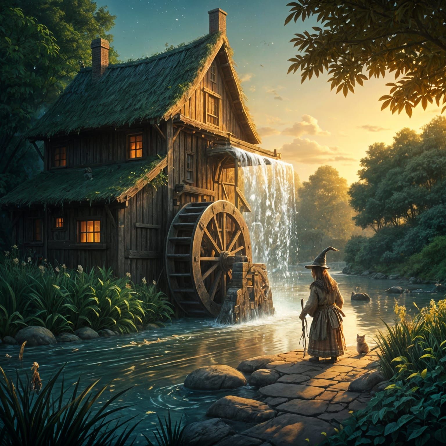 Magical Water Mill Scene with High-Tech Waterwheel