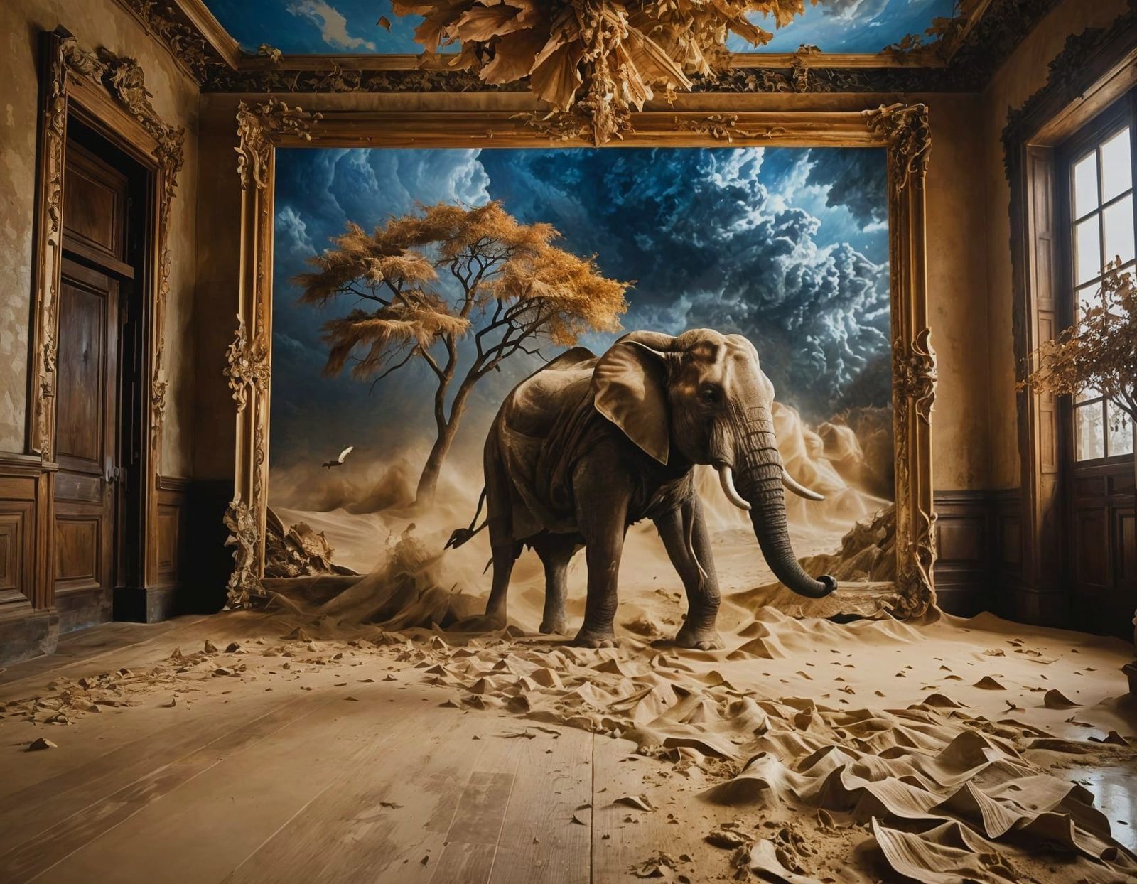 Elephant Escapes Painting During Sandstorm