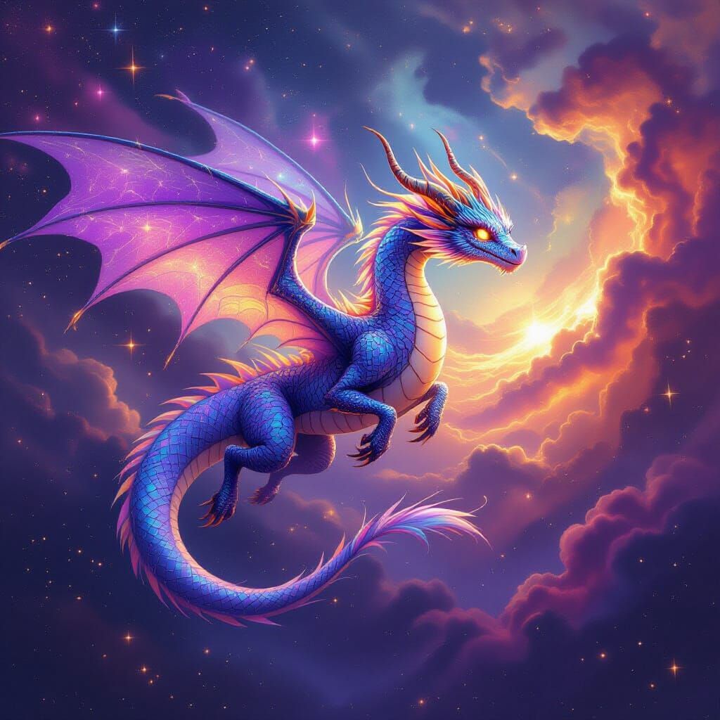 Celestial Dragon Soaring Through Cosmos in Matte Painting St...