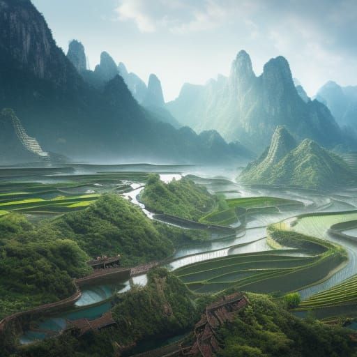 Epic Fantasy Rice Fields: A Hyperrealistic Landscape