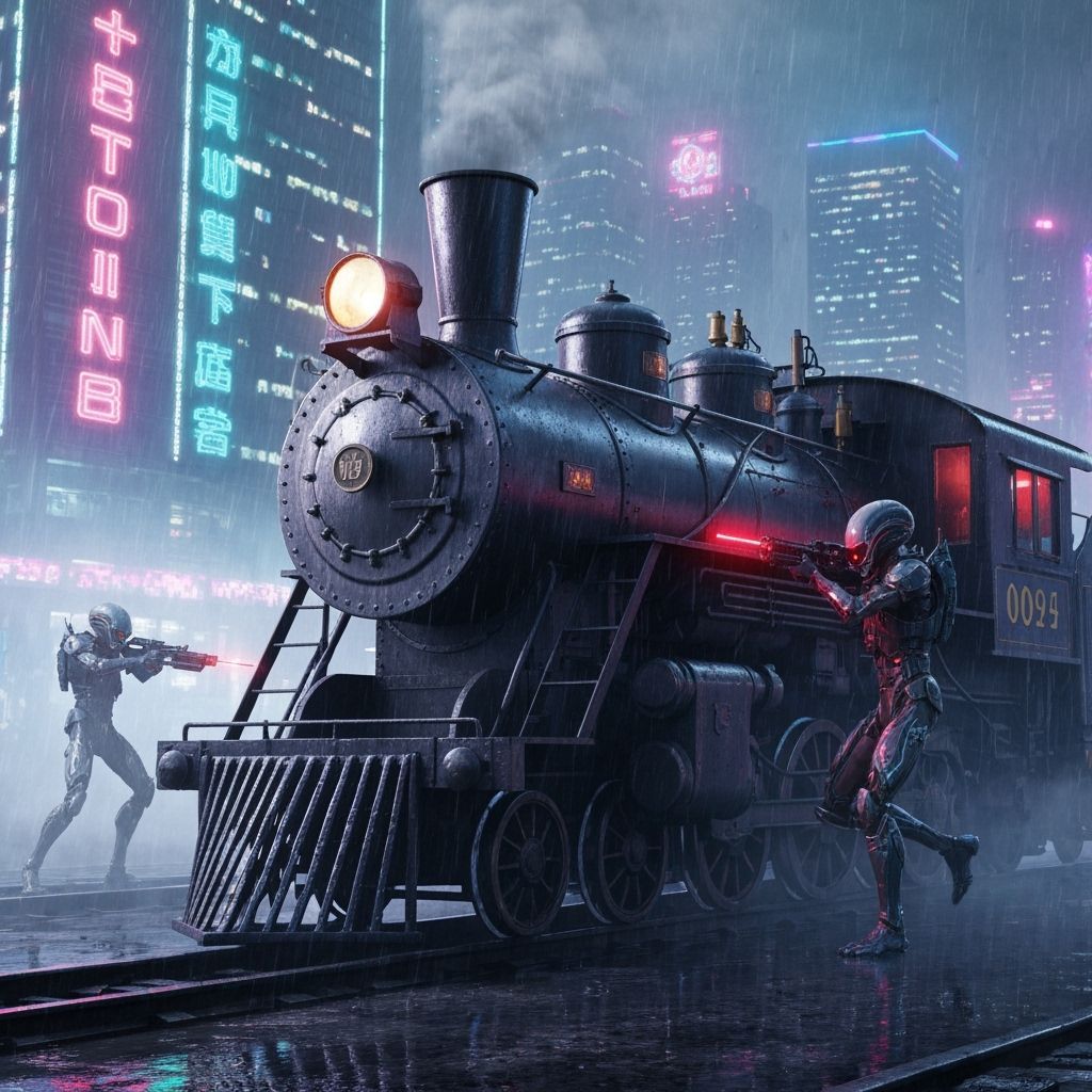 Cyberpunk Wild West Train Robbery with Aliens