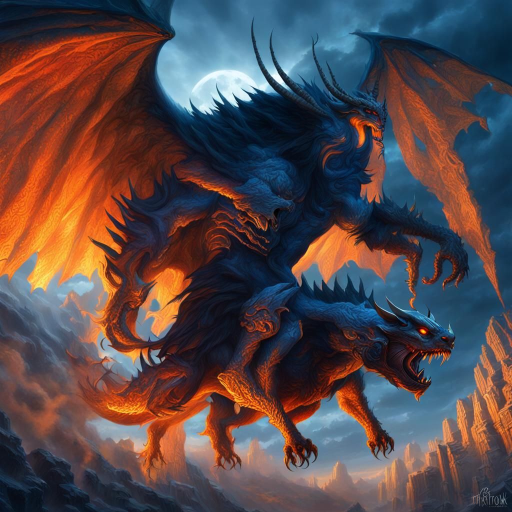 Demon Rider Soaring Through Mystical Stormy Sky