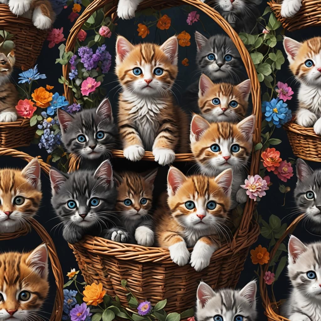 Kittens in a Basket: Detailed Fantasy Art